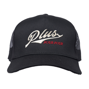 a black hat with white text